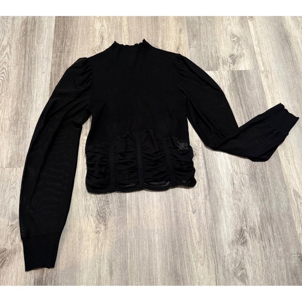 Crave Fame Womens Black Mock Neck Sheer Mesh Puff‎ Sleeve Ruched Corset Top M